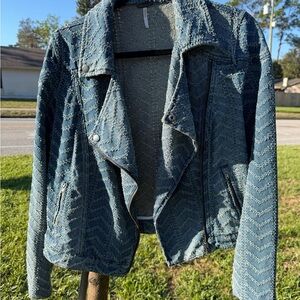 Free People Chevron Blue Textured Moto Jacket